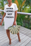 Black Fashion Casual White Black Sleeve Short Sleeves V Neck Straight Knee-Length Print Dresses