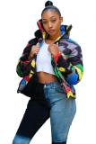 Green Turtleneck Camouflage Print Zippered Patchwork Spandex Print Long Sleeve Blazer & Suits &Jacket