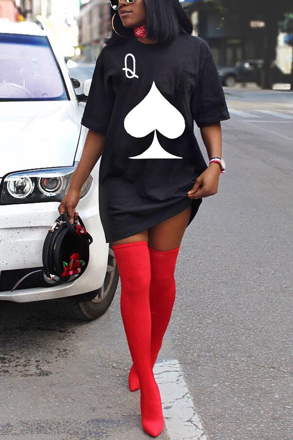 Black Fashion Casual adult Ma'am Cap Sleeve Short Sleeves O neck A-Line Knee-Length Print Dresses