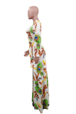 White Casual Print Draw String V Neck Cake Skirt Dresses
