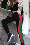 Black Casual Sportswear Patchwork Basic Hooded Collar Long Sleeve Two Pieces