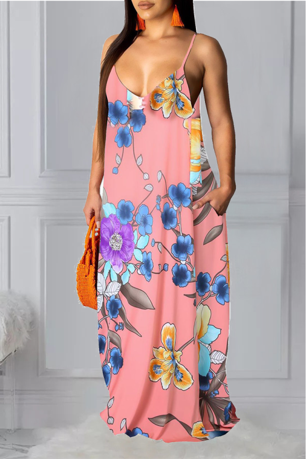 Yellow Pink Sexy Print Patchwork Spaghetti Strap Straight Dresses