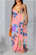 Yellow Pink Sexy Print Patchwork Spaghetti Strap Straight Dresses