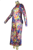 colour Sexy Print O Neck Pencil Skirt Plus Size 