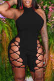 Red Sexy Solid Hollowed Out Backless Halter Skinny Romper