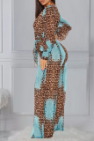 Blue Casual Print Patchwork V Neck Regular Jumpsuits