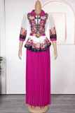 Rose Red Elegant Print With Belt Pleated Turndown Collar Plus Size Two Pieces