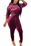 Wine Red Fashion British Style Adult Pleuche Solid Hooded Collar Long Sleeve Cap Sleeve Regular Two Pieces