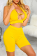 Yellow Sexy Solid Hollowed Out Halter Sleeveless Two Pieces
