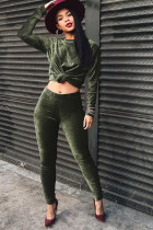 Army Green Velvet Lightly cooked Fashion adult Solid Two Piece Suits pencil Long Sleeve Two-piece Pants Set