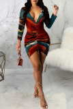 Multicolor Sexy Print Patchwork V Neck Pencil Skirt Dresses