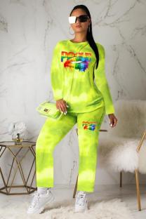 Green Active Print Straight Long Sleeve Two-piece Pants Set