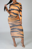 Tiger Pattern Sexy Animal Print Patchwork Zipper Collar Pencil Skirt Dresses