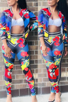 Rose Red Sportswear Print Zipper Collar Long Sleeve Two Pieces