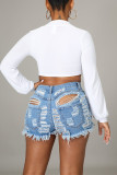 Blue Fashion Sexy Solid Ripped High Waist Regular Jeans