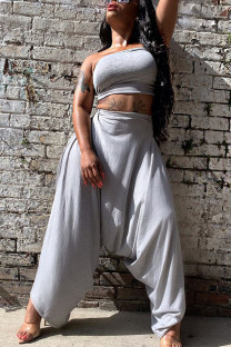 Grey Fashion Sexy adult Ma'am Solid Two Piece Suits Harlan pants Sleeveless Two Pieces
