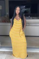 Yellow Sexy Fashion Spaghetti Strap Sleeveless Slip Step Skirt Ankle-Length Striped Solid Casual