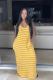 Yellow Sexy Fashion Spaghetti Strap Sleeveless Slip Step Skirt Ankle-Length Striped Solid Casual