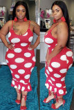 Red Sexy Fashion Spaghetti Strap Sleeveless Slip A-Line Knee-Length Patchwork Print ruffle