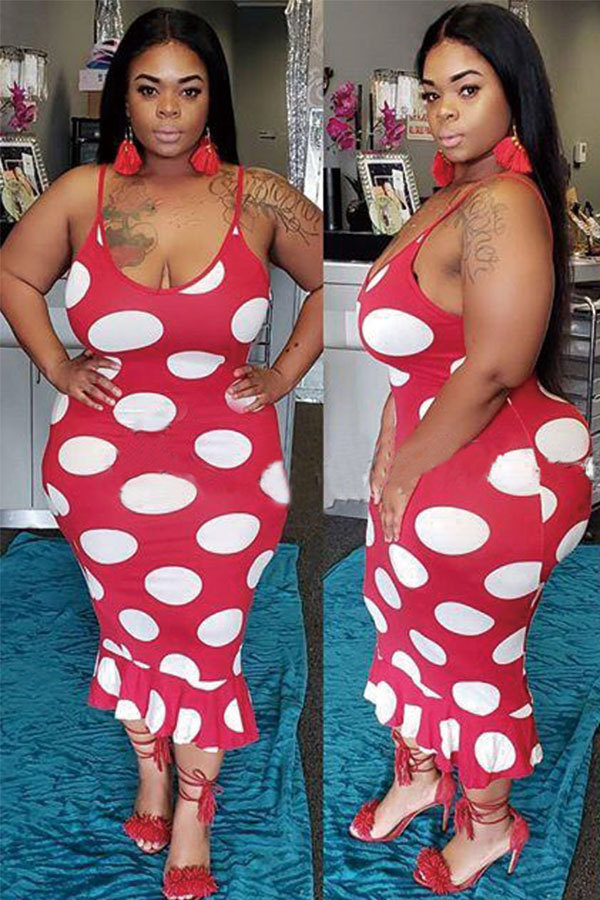 Red Sexy Fashion Spaghetti Strap Sleeveless Slip A-Line Knee-Length Patchwork Print ruffle
