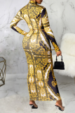 Multicolor Sexy Print Patchwork Half A Turtleneck Pencil Skirt Dresses