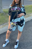 Multicolor Fashion Casual Print Basic O Neck Short Sleeve Two Pieces