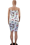 White Sexy Spaghetti Strap Sleeveless Slip Step Skirt Mini Print Patchwork backless Dresses