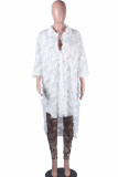 White Celebrities Cap Sleeve Long Sleeves Mandarin Collar Asymmetrical Mid-Calf Broken flowers t