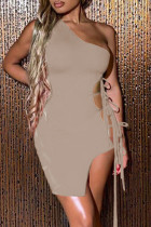 Khaki Fashion Sexy Solid Hollowed Out Strap Design One Shoulder Sleeveless Dress