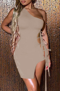 Khaki Fashion Sexy Solid Hollowed Out Strap Design One Shoulder Sleeveless Dress