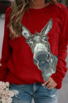 Red Casual Street Spandex Knitting Print Pullovers Basic O Neck Tops