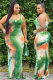 Green Fashion Sexy adult V Neck Patchwork Print Tie Dye Draped Stitching Plus Size