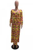 Yellow adult Fashion OL Cap Sleeve Long Sleeves V Neck A-Line Floor-Length Print bandage Geometri