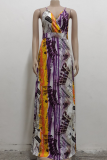 Purple Sexy Print High Opening Spaghetti Strap Straight Dresses