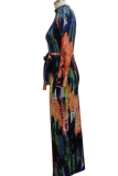 Multicolor Sexy Print Patchwork Zipper Collar Pencil Skirt Dresses
