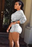 Silver Elastic Fly Mid Solid Patchwork pencil shorts Two-piece suit