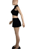 Black Casual Solid Patchwork Flounce Zipper Collar Sleeveless Two Pieces