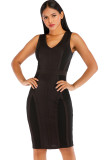 Black Sexy Cap Sleeve Short Sleeves V Neck Step Skirt Knee-Length Solid