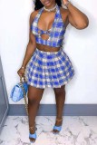 Red Fashion Sexy Plaid Print Hollowed Out Backless Halter Sleeveless Two Pieces