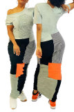 Grey Fashion Casual adult Grey Cap Sleeve Short Sleeves O neck A-Line Ankle-Length Striped Print Patchwork Dresses