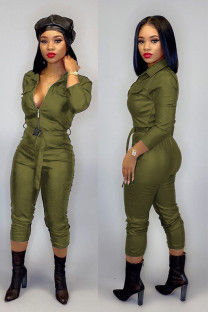 Army Green Fashion Sexy Solid bandage zipper PU Long Sleeve Turndown Collar 