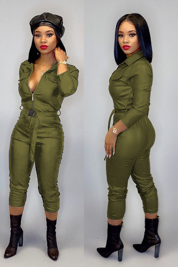 Army Green Fashion Sexy Solid bandage zipper PU Long Sleeve Turndown Collar 