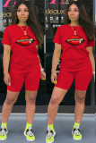 Red Fashion Casual adult Ma'am Print Two Piece Suits Lips Print Straight Short Sleeve Two Pieces