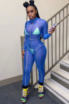 Blue Fashion street Patchwork Solid Long Sleeve Turtleneck Jumpsuits