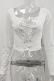 White Sexy Solid Bandage Hollowed Out Patchwork U Neck Tops