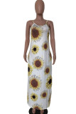 White Fashion Street White Brown Yellow Spaghetti Strap Sleeveless V Neck Pencil Dress Floor-Length Print Floral Animal Dresses