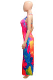 Orange FashionOff The Shoulder Sleeveless O neck Step Skirt Ankle-Length Print Patchwork Tie and dye Dresses