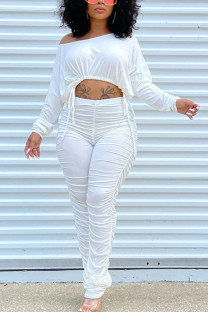 White Fashion Casual Adult Solid Fold O Neck Long Sleeve Regular Sleeve Short Two Pieces