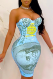 Blue Sexy Print Patchwork Strapless Pencil Skirt Dresses