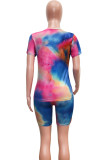 Multicolor Fashion Casual Print Basic O Neck Short Sleeve Two Pieces